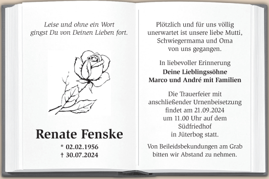 Traueranzeige von Renate Fenske von Märkische Oderzeitung