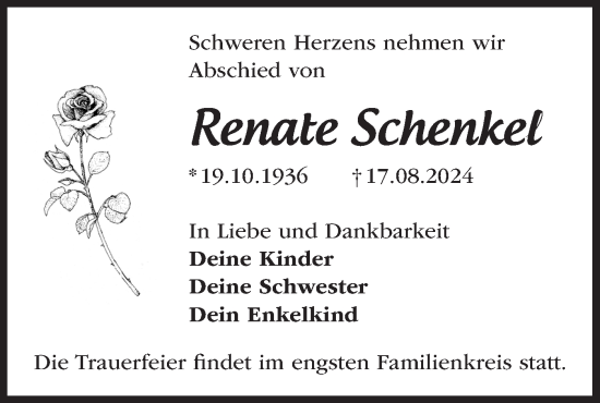 Traueranzeige von Renate Schenkel von Märkische Oderzeitung