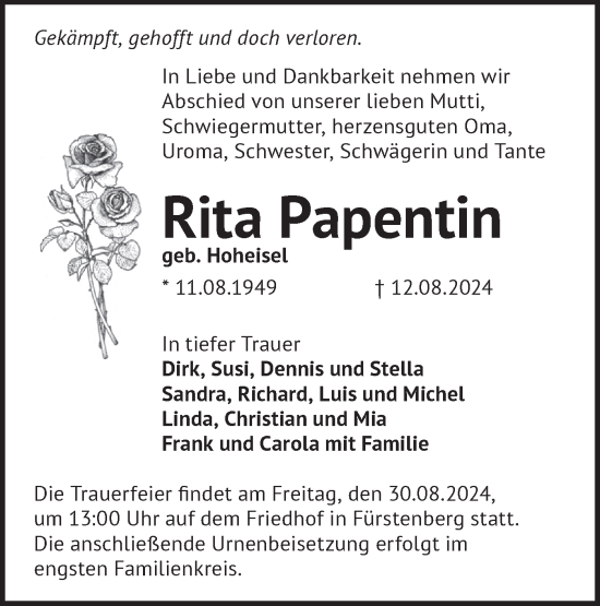 Traueranzeige von Rita Papentin von Märkische Oderzeitung