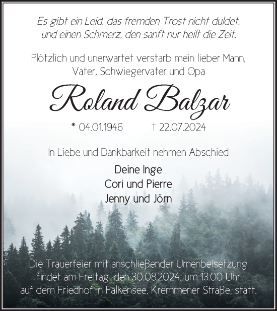 Traueranzeige von Roland Balzar von Märkische Oderzeitung