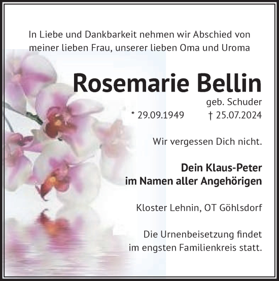 Traueranzeige von Rosemarie Bellin von Märkische Oderzeitung