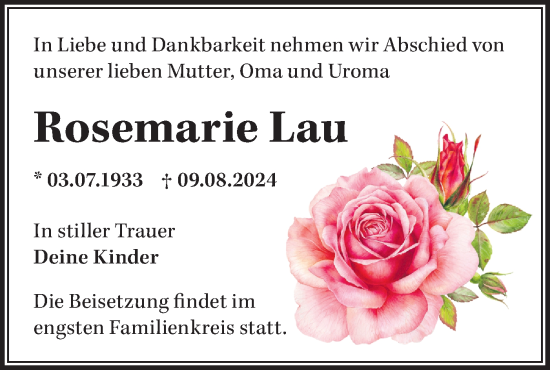 Traueranzeige von Rosemarie Lau von Märkische Oderzeitung