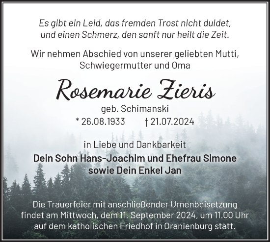 Traueranzeige von Rosemarie Zieris von Märkische Oderzeitung