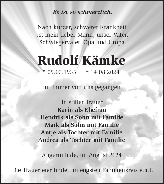 Traueranzeige von Rudolf Kämke von Märkische Oderzeitung