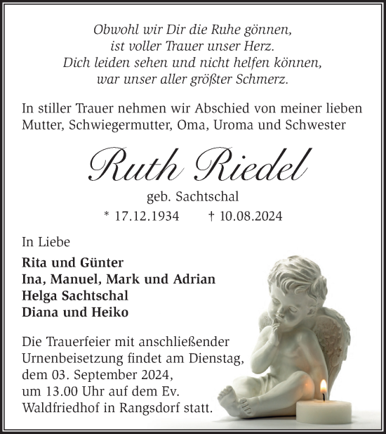 Traueranzeige von Ruth Riedel von Märkische Oderzeitung