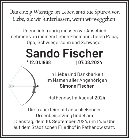 Traueranzeige von Sando Fischer von Märkische Oderzeitung