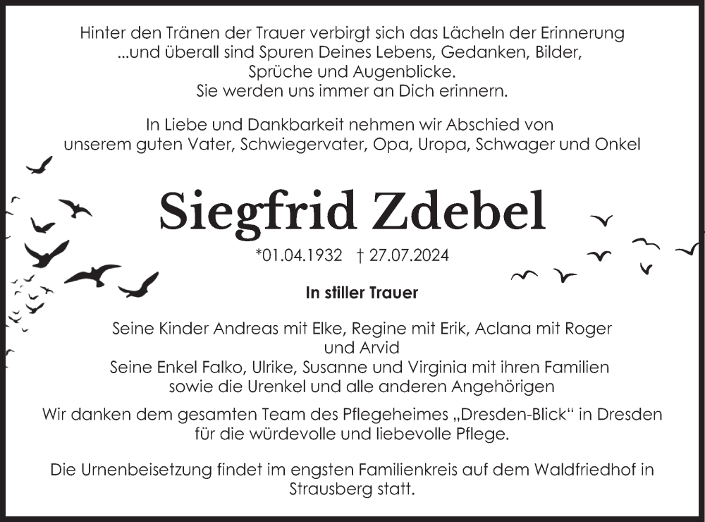  Traueranzeige für Siegfrid Zdebel vom 16.08.2024 aus Märkische Oderzeitung