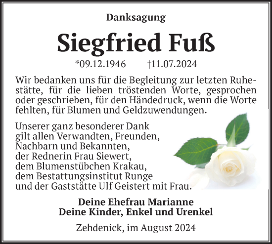 Traueranzeige von Siegfried Fuß von Märkische Oderzeitung