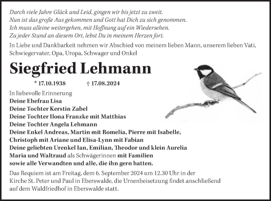 Traueranzeige von Siegfried Lehmann von Märkische Oderzeitung