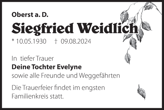 Traueranzeige von Siegfried Weidlich von Märkische Oderzeitung