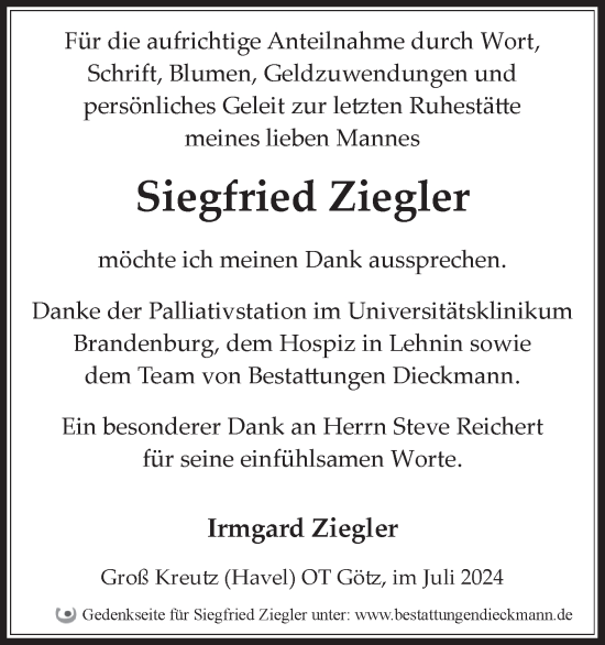 Traueranzeige von Siegfried Ziegler von Märkische Oderzeitung