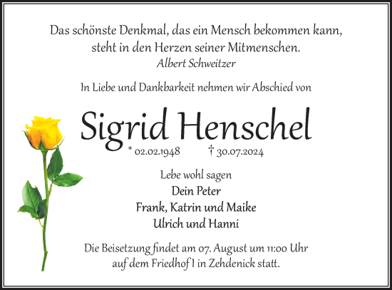 Traueranzeige von Sigrid Henschel von Märkische Oderzeitung