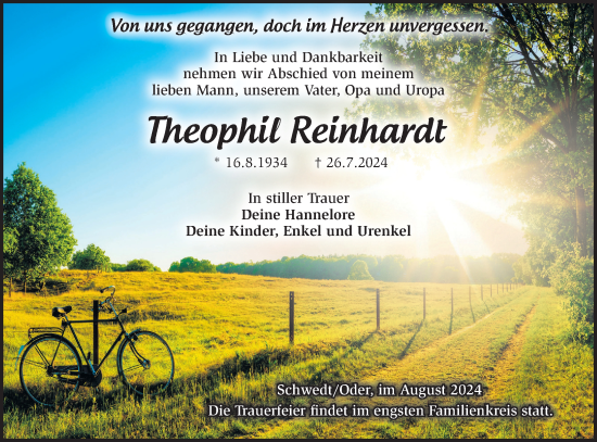 Traueranzeige von Theophil Reinhardt von Märkische Oderzeitung