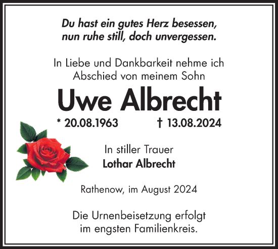 Traueranzeige von Uwe Albrecht von Märkische Oderzeitung