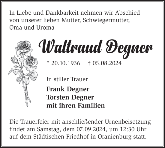 Traueranzeige von Waltraud Degner von Märkische Oderzeitung