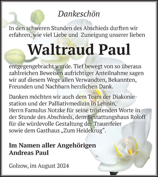 Traueranzeige von Waltraud Paul von Märkische Oderzeitung