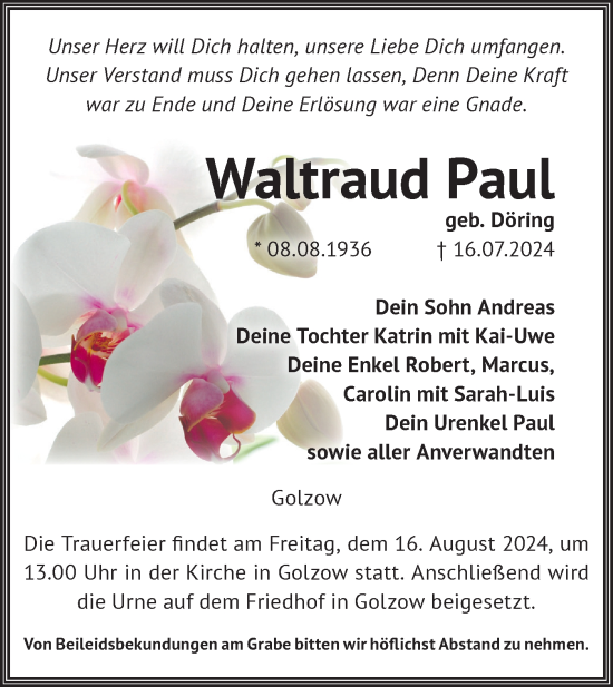 Traueranzeige von Waltraud Paul von Märkische Oderzeitung