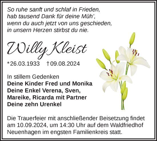 Traueranzeige von Willy Kleist von Märkische Oderzeitung