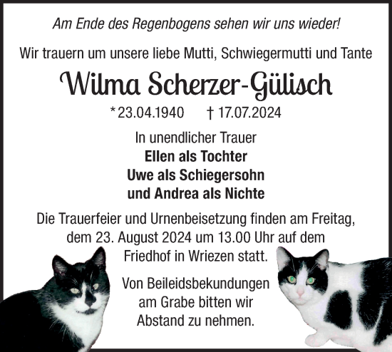 Traueranzeige von Wilma Scherzer-Gülisch von Märkische Oderzeitung