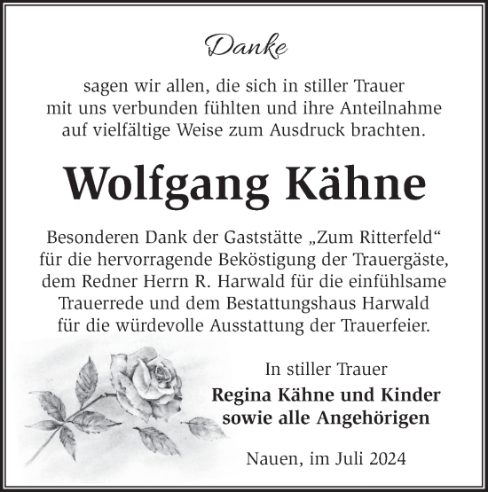 Traueranzeige von Wolfgang Kähne von Märkische Oderzeitung