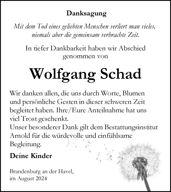 Traueranzeige von Wolfgang Schad von Märkische Oderzeitung