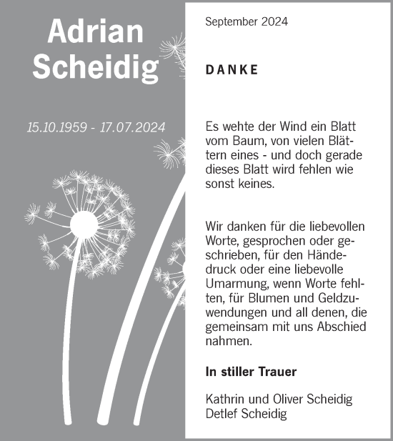 Traueranzeige von Adrian Scheidig von Märkische Oderzeitung