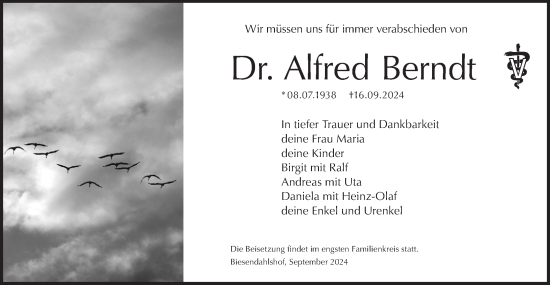 Traueranzeige von Alfred Berndt von Märkische Oderzeitung