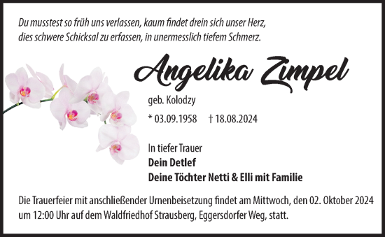 Traueranzeige von Angelika Zimpel von Märkische Oderzeitung