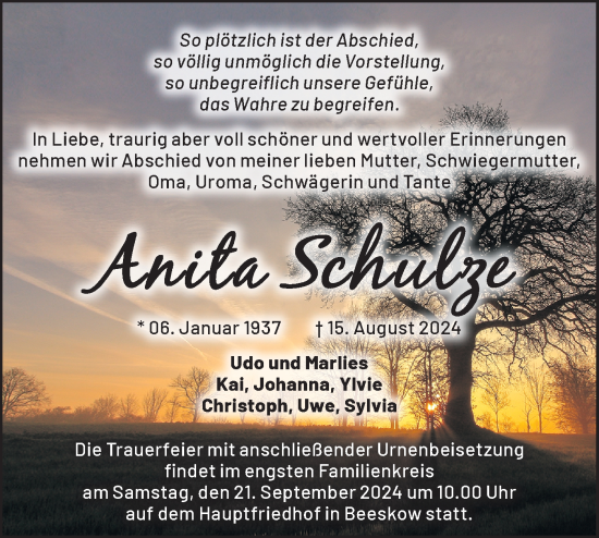 Traueranzeige von Anita Schulze von Märkische Oderzeitung