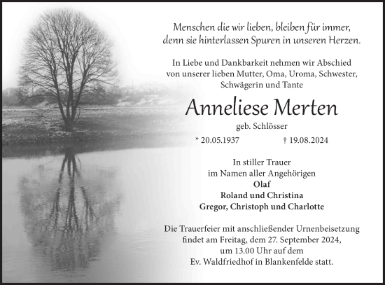 Traueranzeige von Anneliese Merten von Märkische Oderzeitung