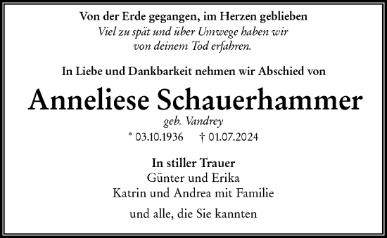 Traueranzeige von Anneliese Schauerhammer von Märkische Oderzeitung