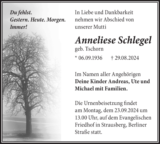 Traueranzeige von Anneliese Schlegel von Märkische Oderzeitung