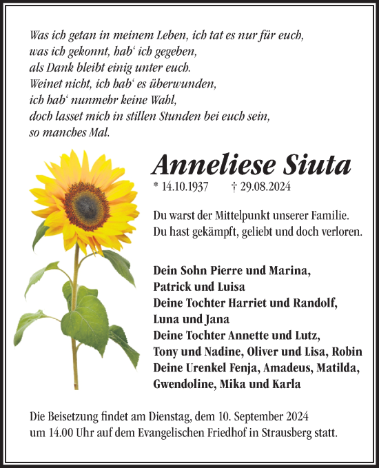 Traueranzeige von Anneliese Siuta von Märkische Oderzeitung