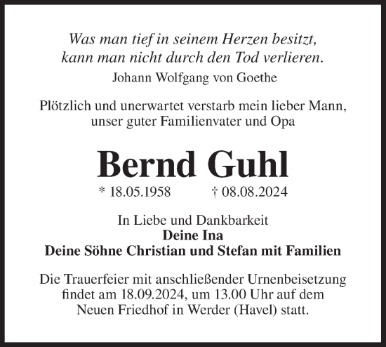 Traueranzeige von Bernd Guhl von Märkische Oderzeitung