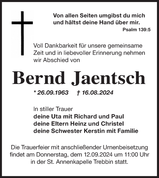 Traueranzeige von Bernd Jaentsch von Märkische Oderzeitung