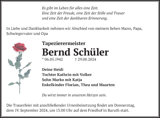 Traueranzeige von Bernd Schüler von Märkische Oderzeitung