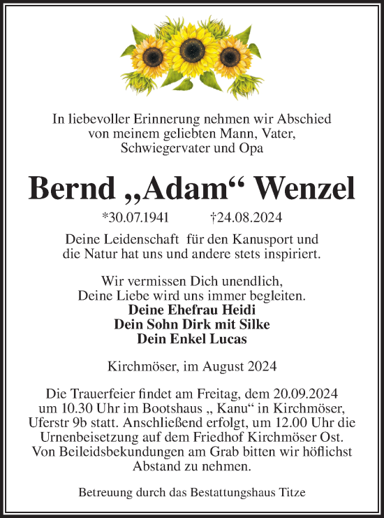 Traueranzeige von Bernd Wenzel von Märkische Oderzeitung