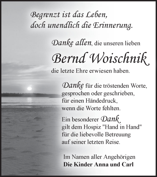 Traueranzeige von Bernd Woischnik von Märkische Oderzeitung