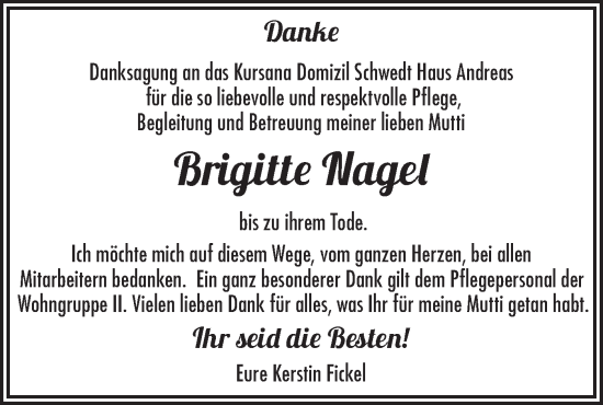 Traueranzeige von Brigitte Nagel von Märkische Oderzeitung