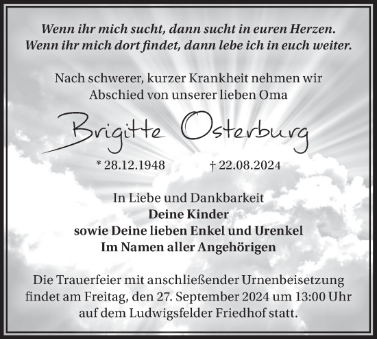 Traueranzeige von Brigitte Osterburg von Märkische Oderzeitung