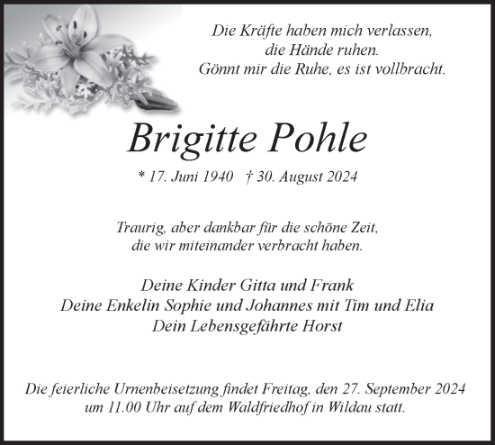 Traueranzeige von Brigitte Pohle von Märkische Oderzeitung