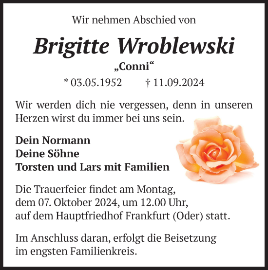 Traueranzeige von Brigitte Wroblewski von Märkische Oderzeitung