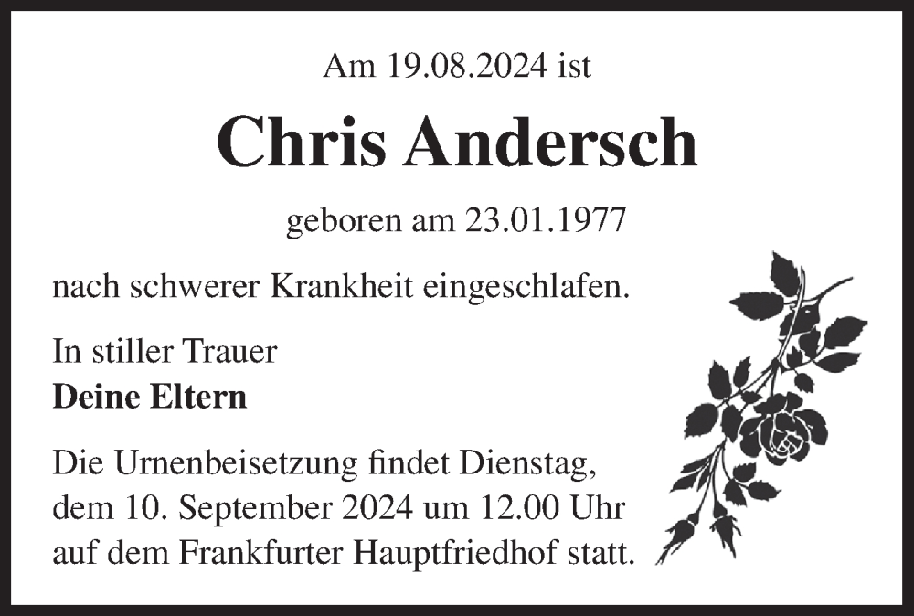  Traueranzeige für Chris Andersch vom 07.09.2024 aus Märkische Oderzeitung