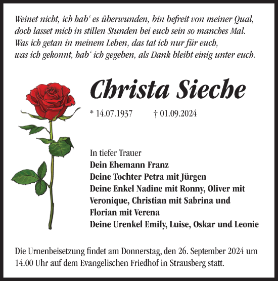 Traueranzeige von Christa Sieche von Märkische Oderzeitung