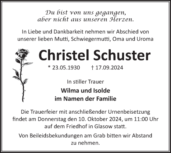 Traueranzeige von Christel Schuster von Märkische Oderzeitung