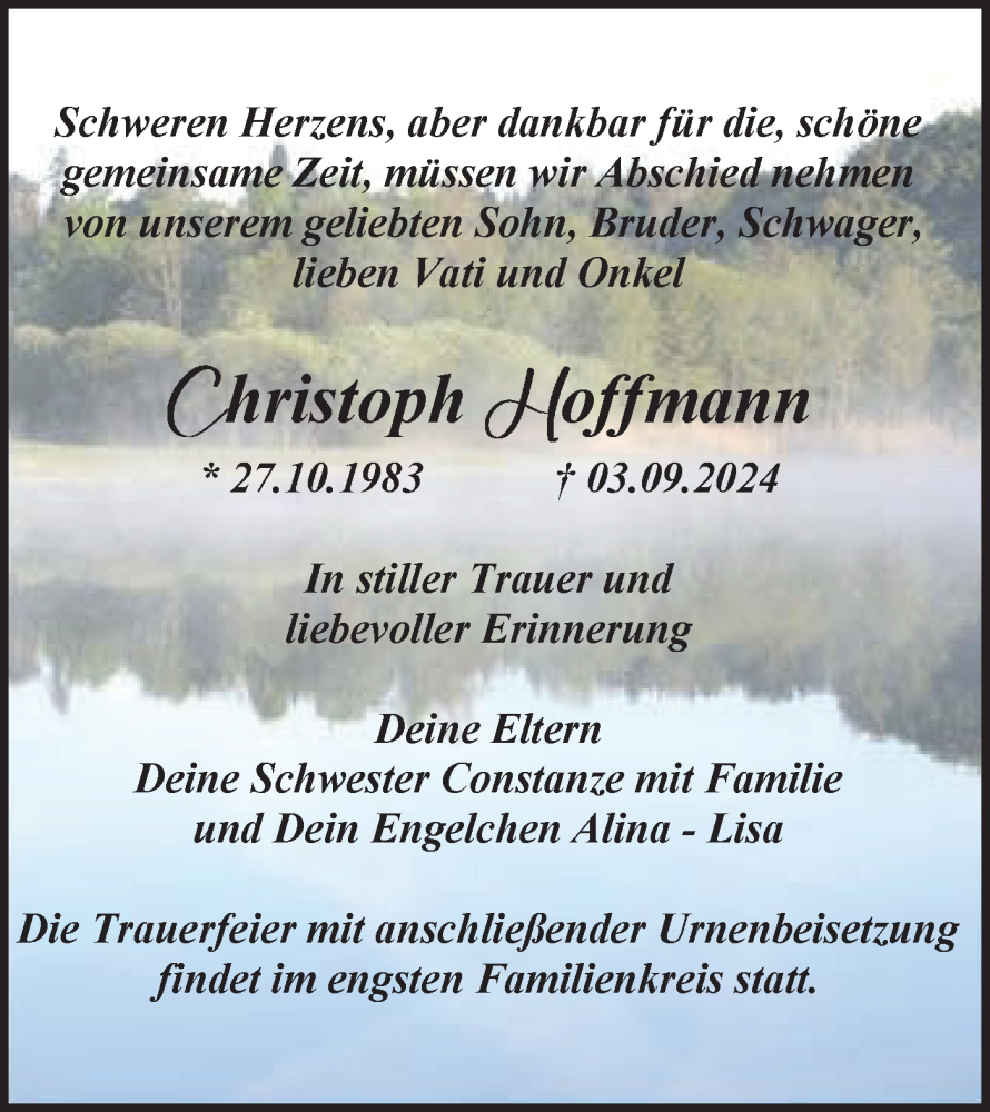  Traueranzeige für Christoph Hoffmann vom 21.09.2024 aus Märkische Oderzeitung