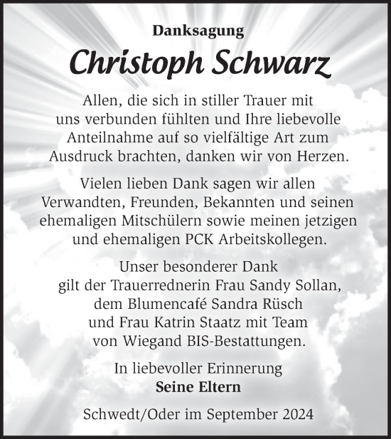 Traueranzeige von Christoph Schwarz von Märkische Oderzeitung