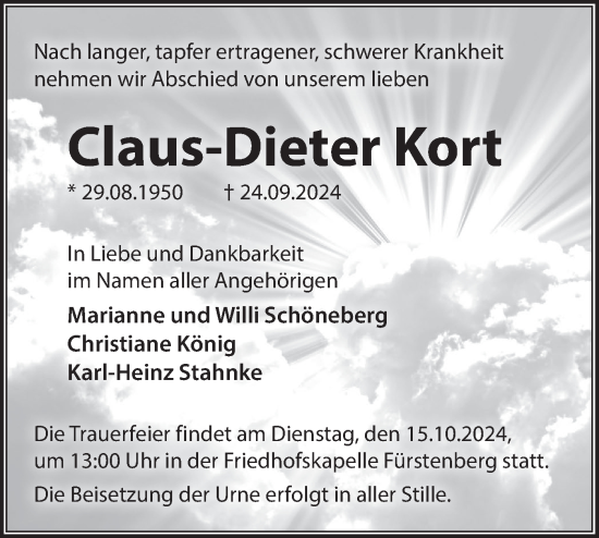 Traueranzeige von Claus-Dieter Kort von Märkische Oderzeitung