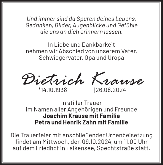 Traueranzeige von Dietrich Krause von Märkische Oderzeitung