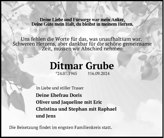 Traueranzeige von Ditmar Grube von Märkische Oderzeitung